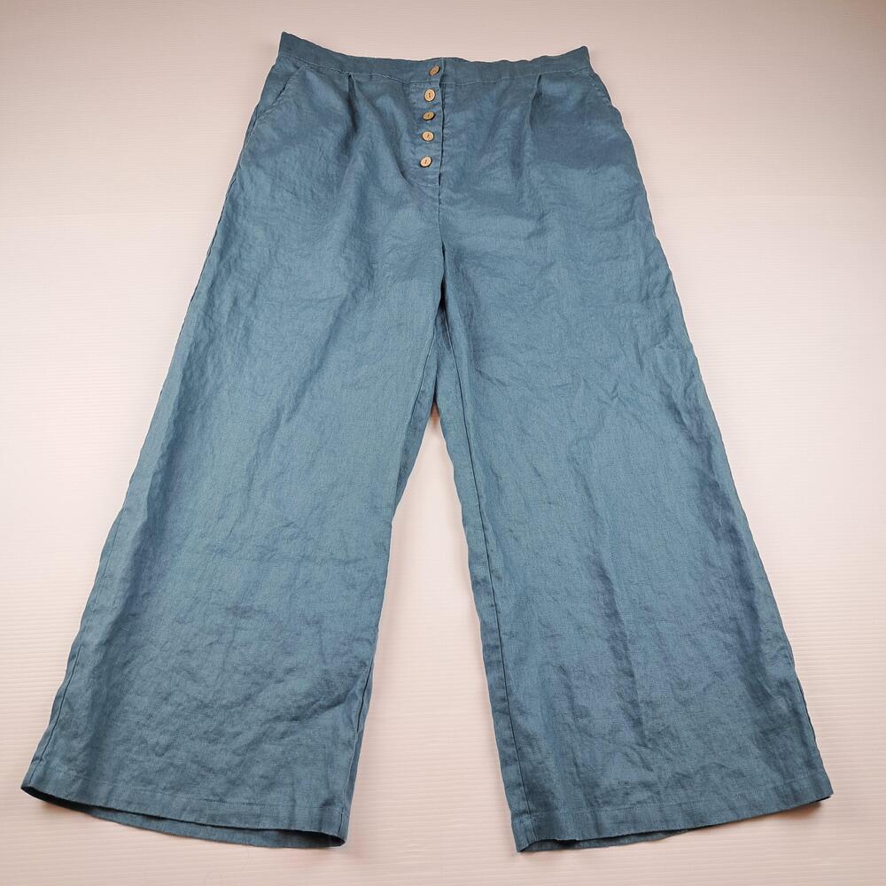 Grae Cove Pants Womens Large Blue Linen Wide Leg Crop Pull On Lagenlook Beach